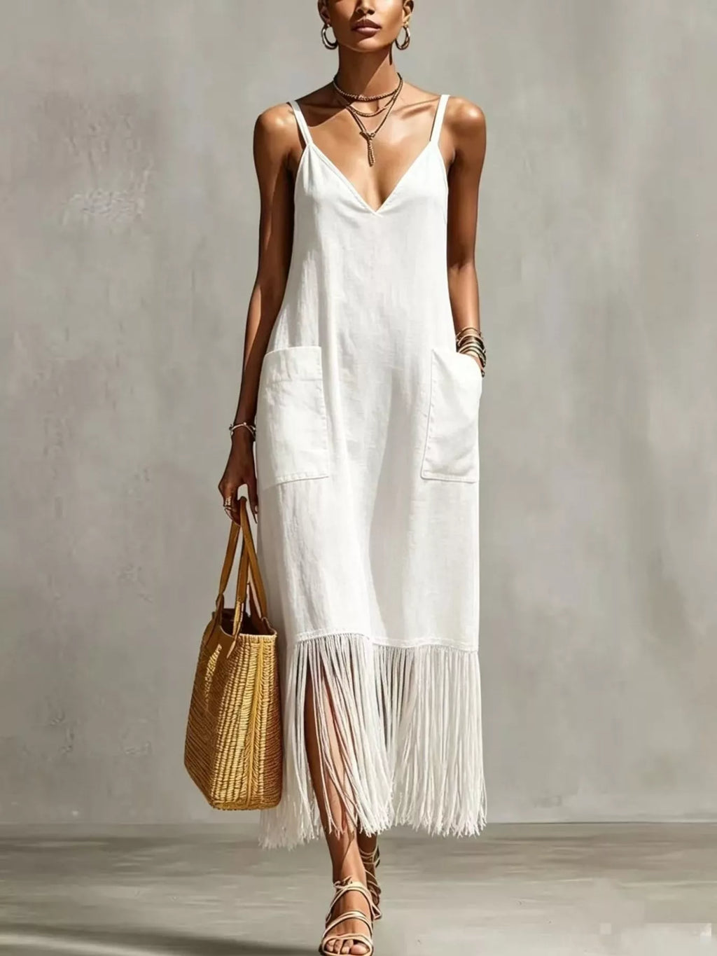 Full Size Fringe V-Neck Spaghetti Strap Dress Plus Size