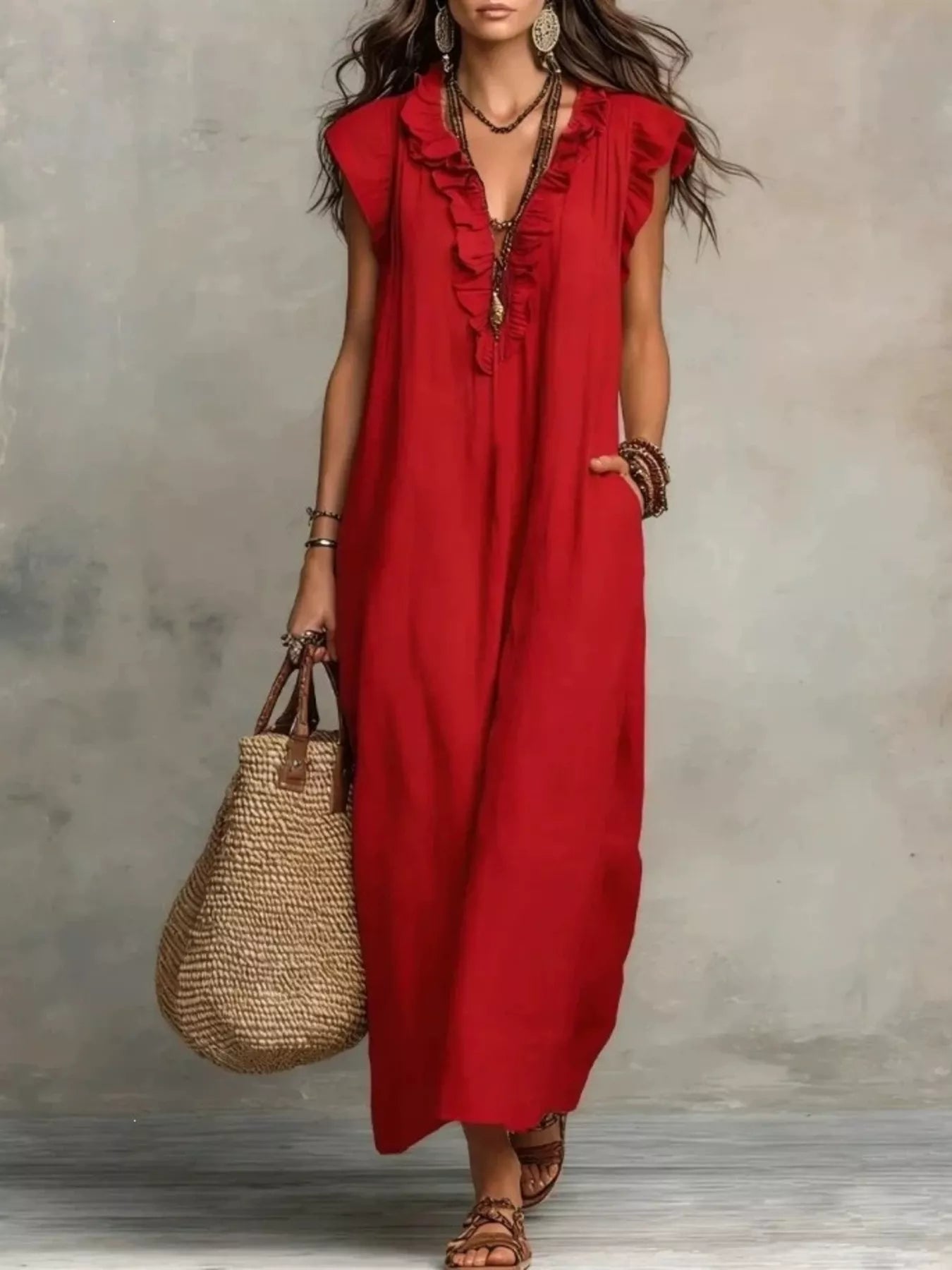 Full Size Ruffled V-Neck Cap Sleeve Maxi Dress Plus Size