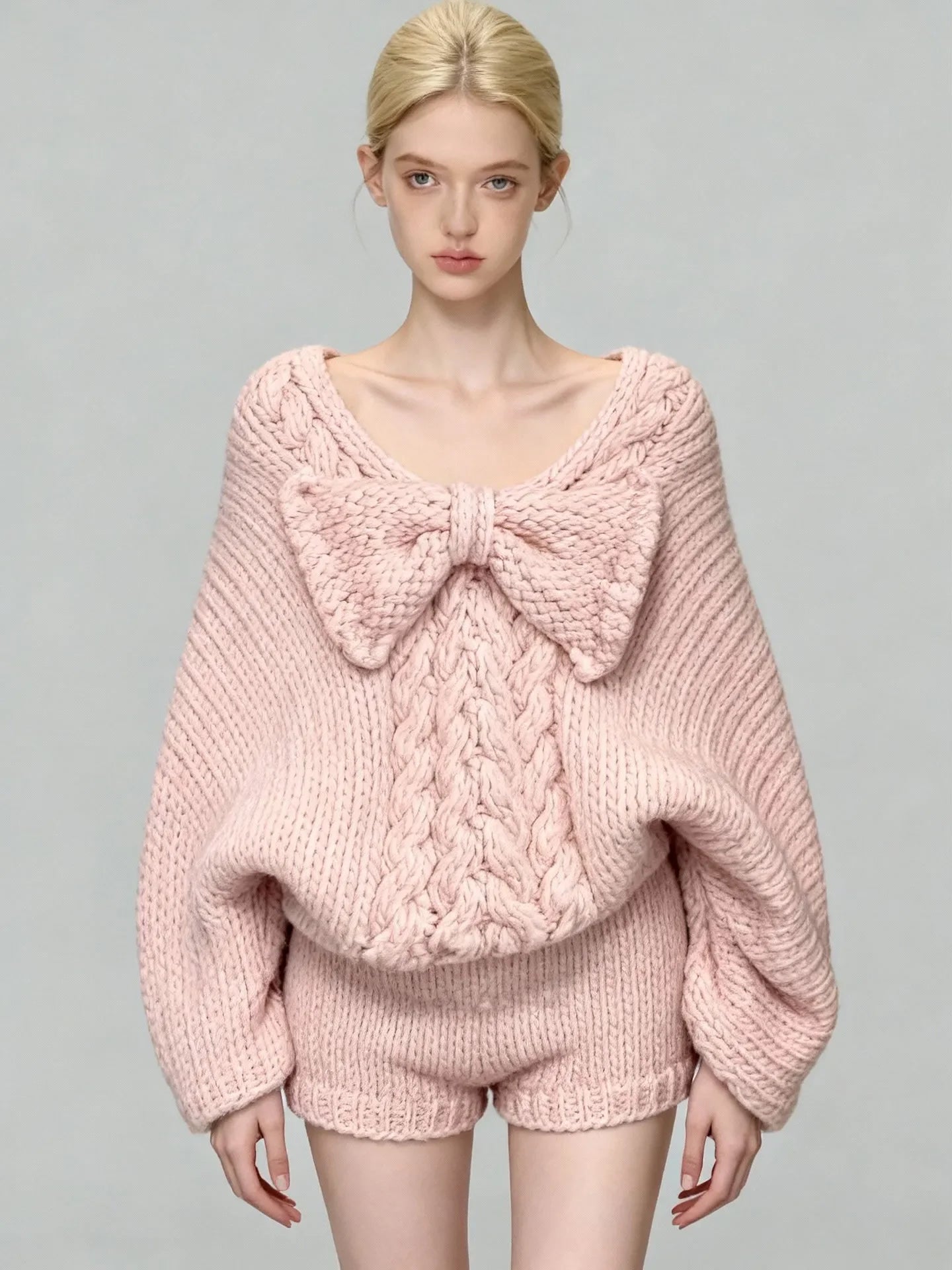 Women's Pink Bow V-Neck Long Sleeve Knit Sweater and High Waist Shorts Two-Piece Set