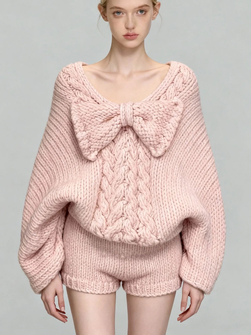 Women's Pink Bow V-Neck Long Sleeve Knit Sweater and High Waist Shorts Two-Piece Set