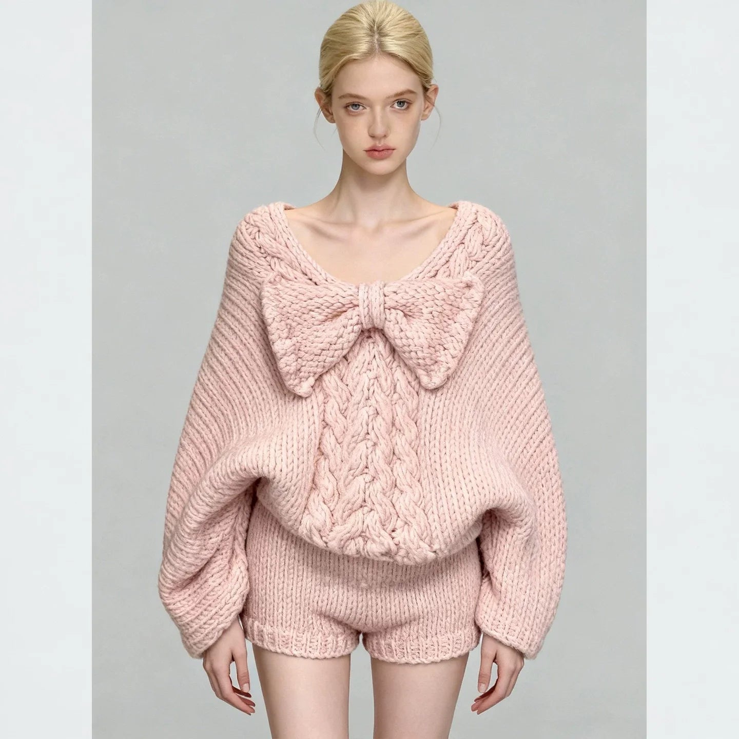 Women's Pink Bow V-Neck Long Sleeve Knit Sweater and High Waist Shorts Two-Piece Set